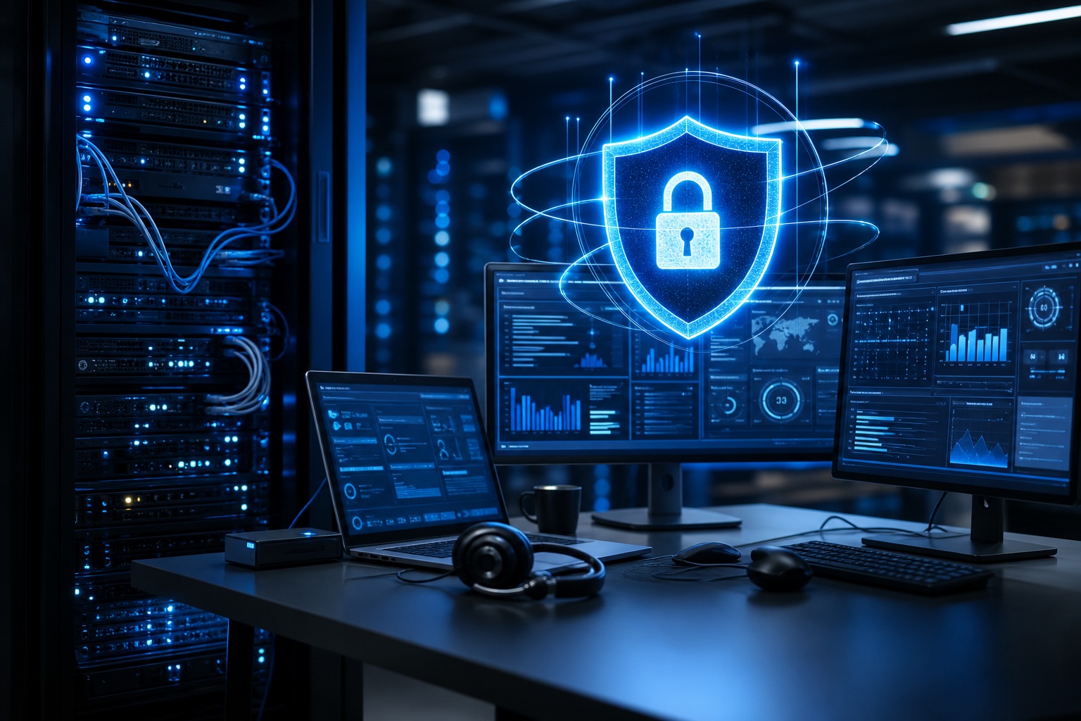 Professioneller IT-Support-Arbeitsplatz mit Servern, Monitoring und blauem Sicherheitslicht